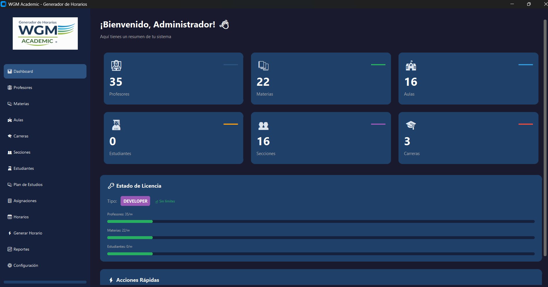 WGM Academic - Dashboard principal con resumen de profesores, materias, aulas y secciones