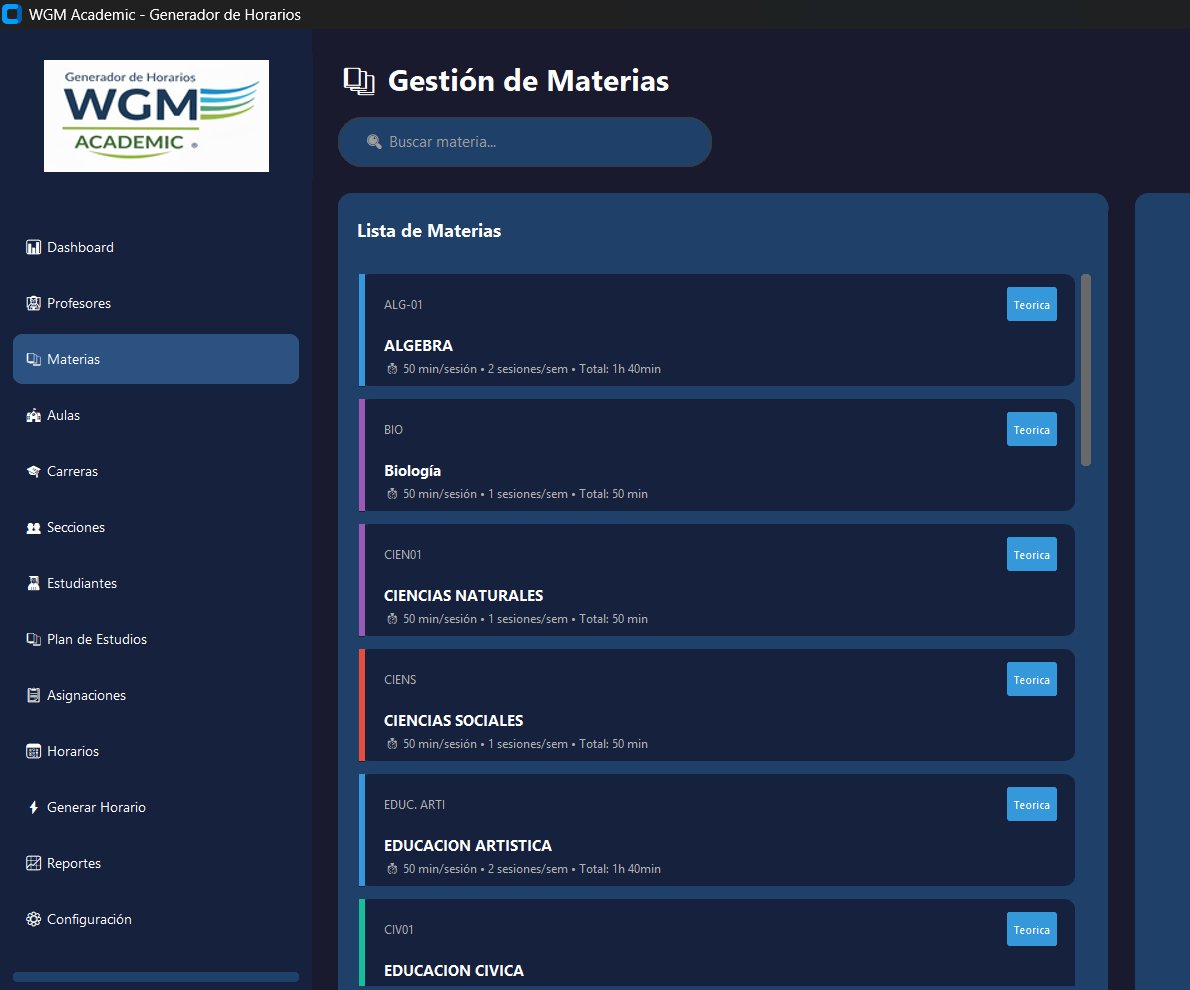 WGM Academic - Gestión de materias con código, sesiones semanales y tipo de asignatura