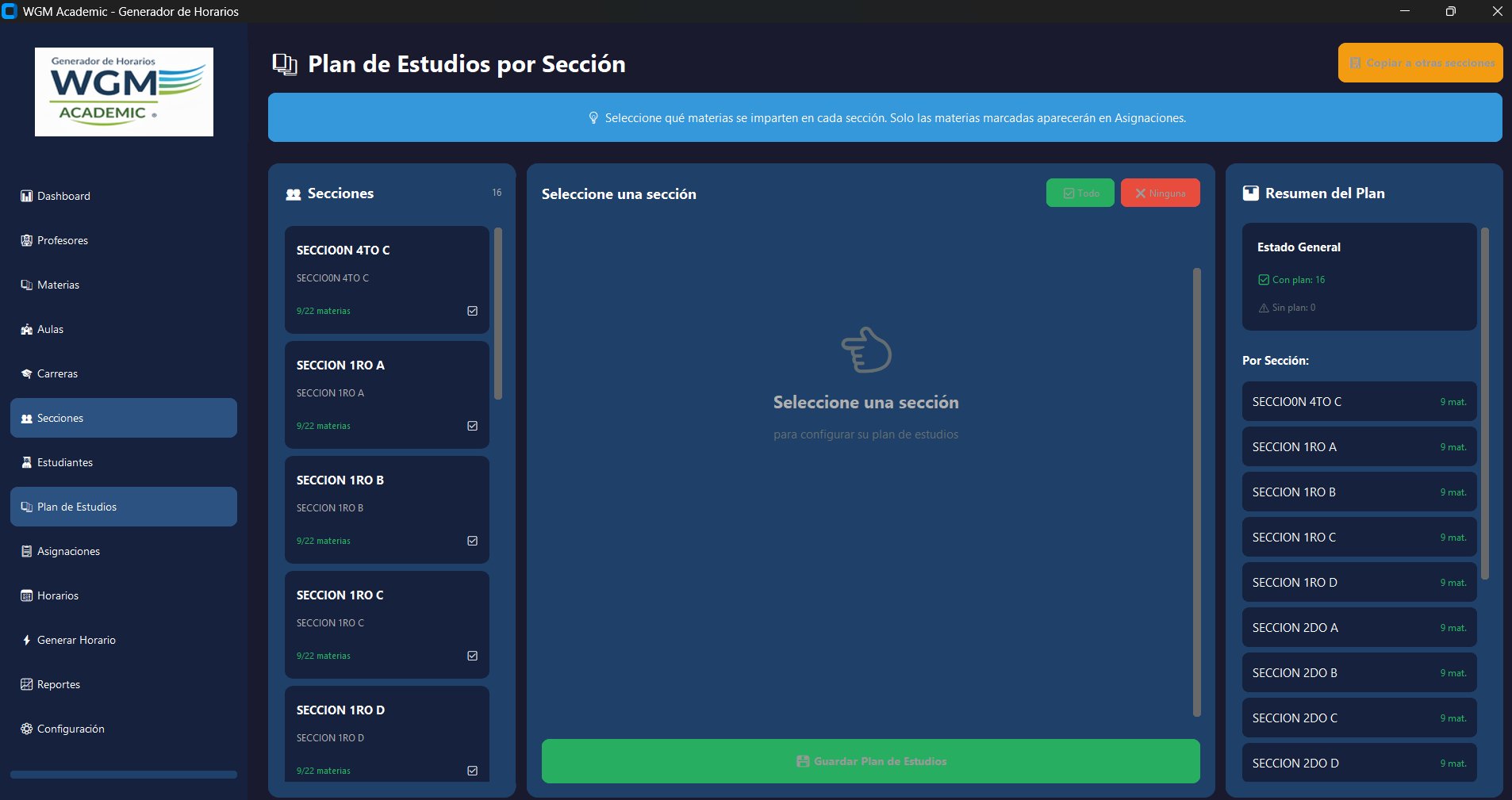 WGM Academic - Plan de estudios por sección con asignación de materias por grado