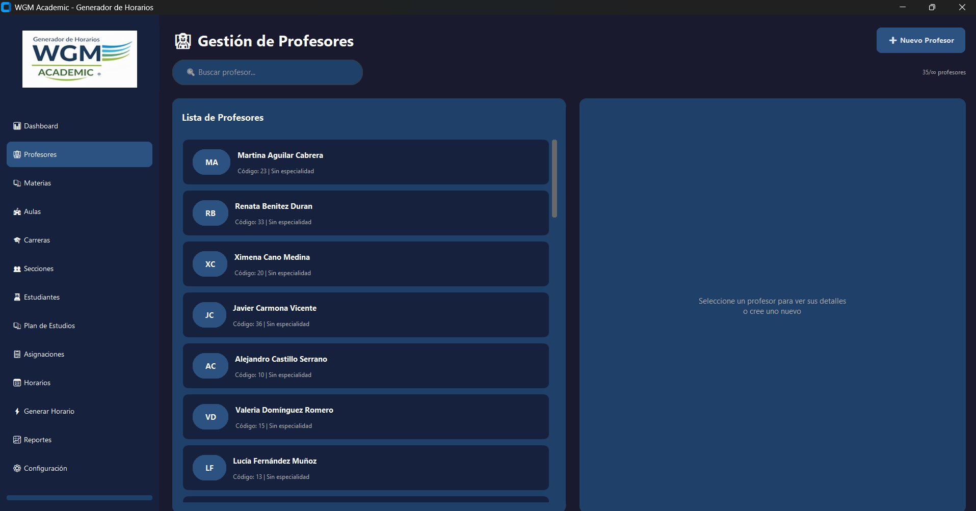 WGM Academic - Módulo de gestión de profesores con lista y detalles de disponibilidad